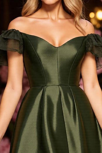 Armeegrün Satin Korsett Kurze Party Kleid mit Rüschens