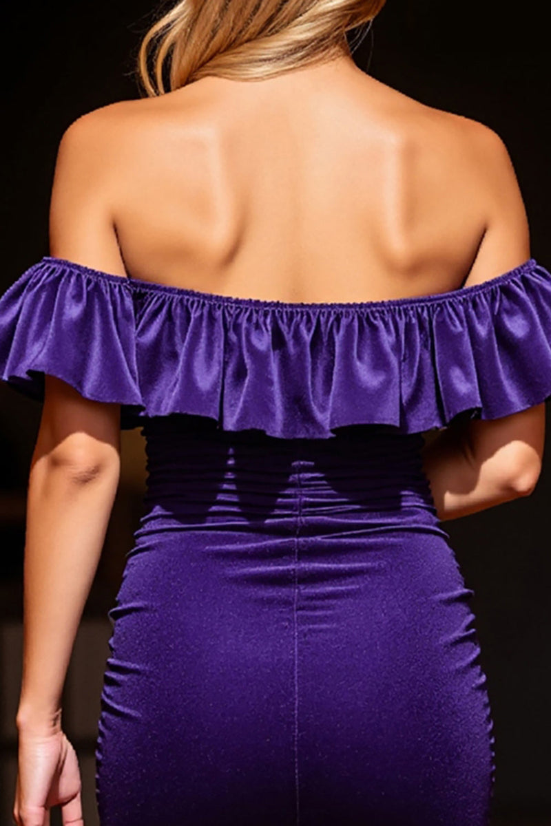 Laden Sie das Bild in den Galerie-Viewer, Dunkellila Enges Samt Kurze Party Kleid mit Rüschens