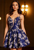 Laden Sie das Bild in den Galerie-Viewer, Marineblau A Linie Satin Blumen Kurze Party Kleid