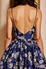 Laden Sie das Bild in den Galerie-Viewer, Marineblau A Linie Satin Blumen Kurze Party Kleid
