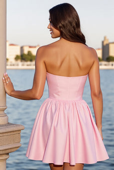 Pink Satin A Linie Korsett Trägerlos Kurze Party Kleid