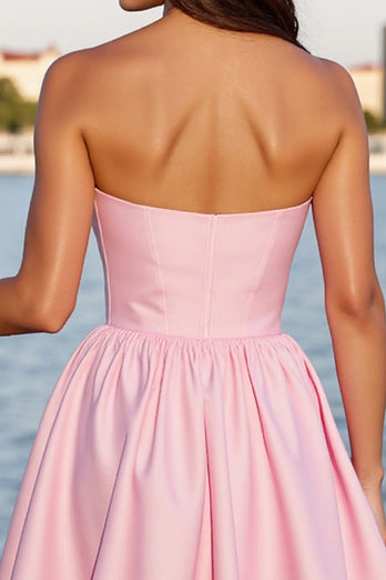 Pink Satin A Linie Korsett Trägerlos Kurze Party Kleid