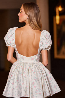 Blumen Weiß Satin A Linie Kurze Korsett Party Kleid