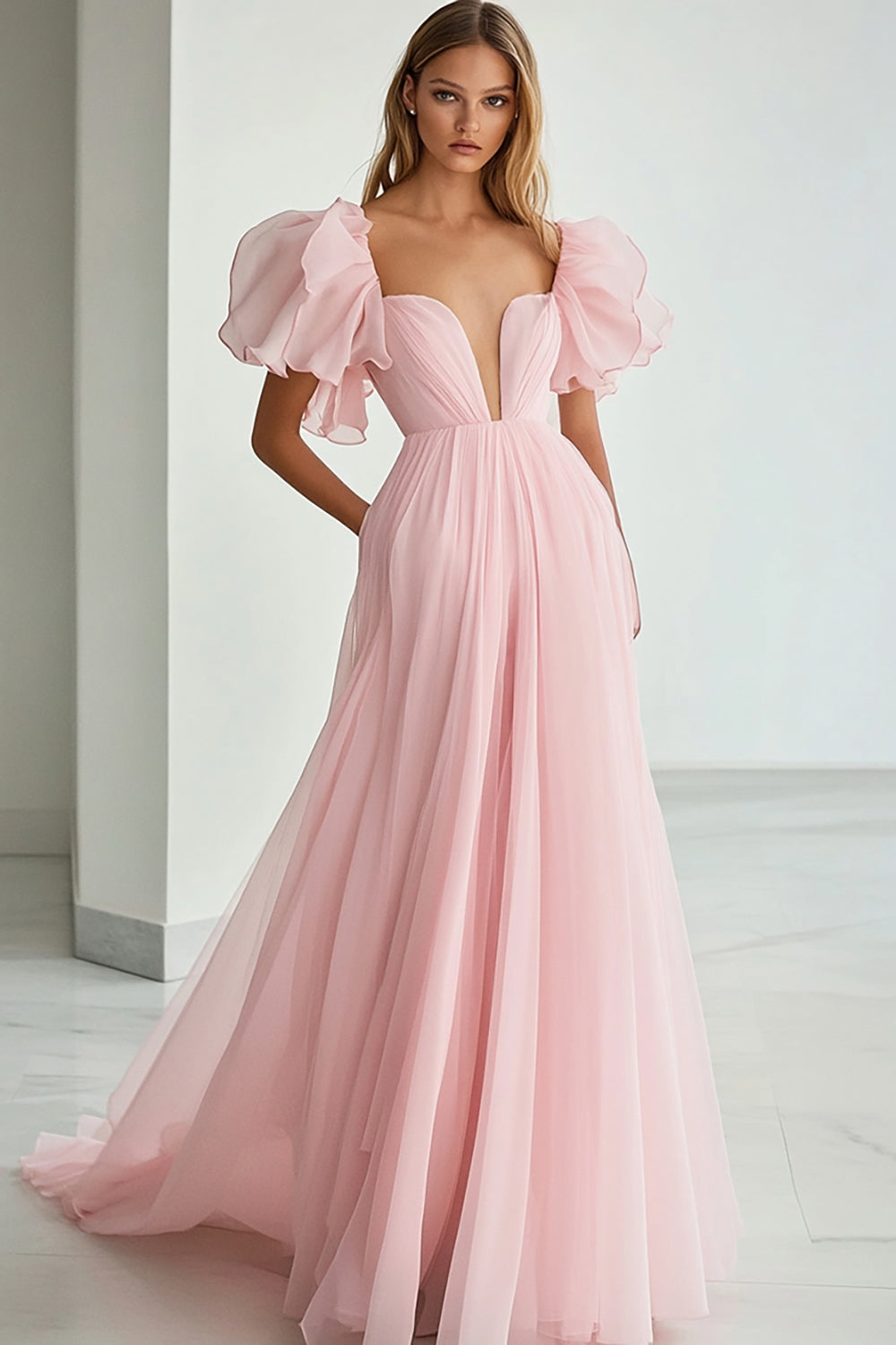Rosa V Ausschnitt A Linie Lange Formelle Kleid mit Rüschen