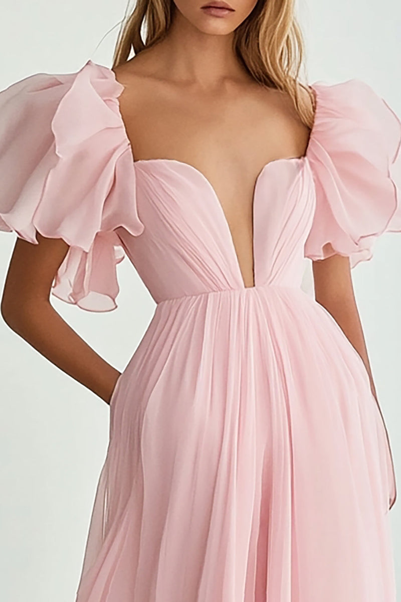 Laden Sie das Bild in den Galerie-Viewer, Rosa V Ausschnitt A Linie Lange Formelle Kleid mit Rüschen