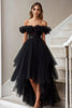 Laden Sie das Bild in den Galerie-Viewer, Schwarz Schulterfreie A Linie High Low Formelle Kleid