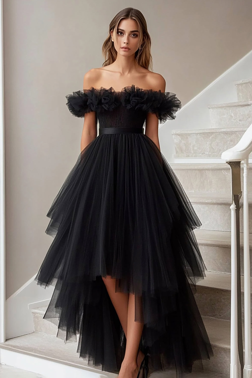 Schwarz Schulterfreie A Linie High Low Formelle Kleid