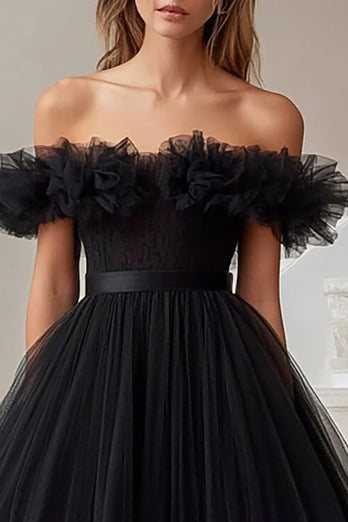 Schwarz Schulterfreie A Linie High Low Formelle Kleid