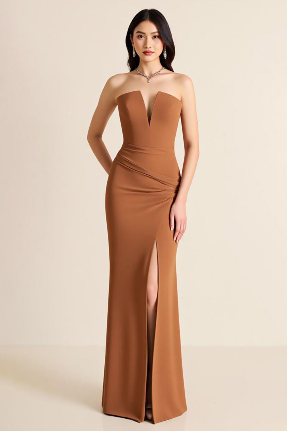 Braun Etui V Ausschnitt Lange Formelle Kleid mit Schlitz