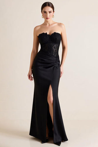 Schwarz Trägerlos Appliziertes Etui Lange Formelle Kleid mit Schlitz