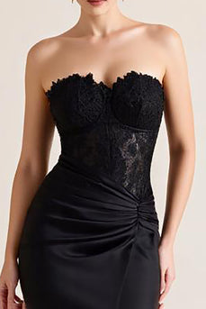 Schwarz Trägerlos Appliziertes Etui Lange Formelle Kleid mit Schlitz