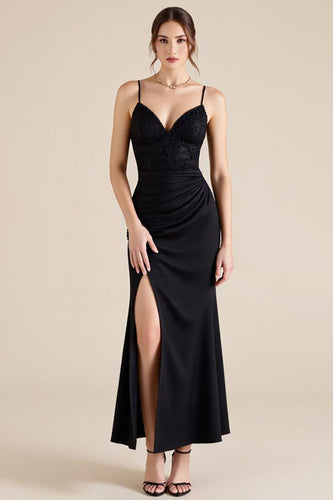 Schwarz Spaghettiträger Rüschen Sheath Formelle Kleid mit Schlitz