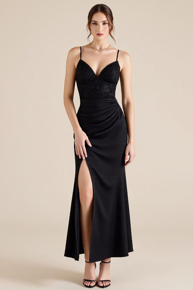 Laden Sie das Bild in den Galerie-Viewer, Schwarz Spaghettiträger Rüschen Sheath Formelle Kleid mit Schlitz