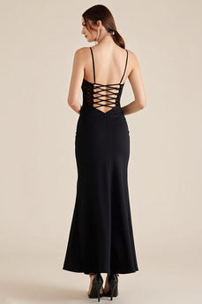 Schwarz Spaghettiträger Rüschen Sheath Formelle Kleid mit Schlitz