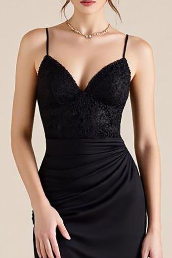 Schwarz Spaghettiträger Rüschen Sheath Formelle Kleid mit Schlitz