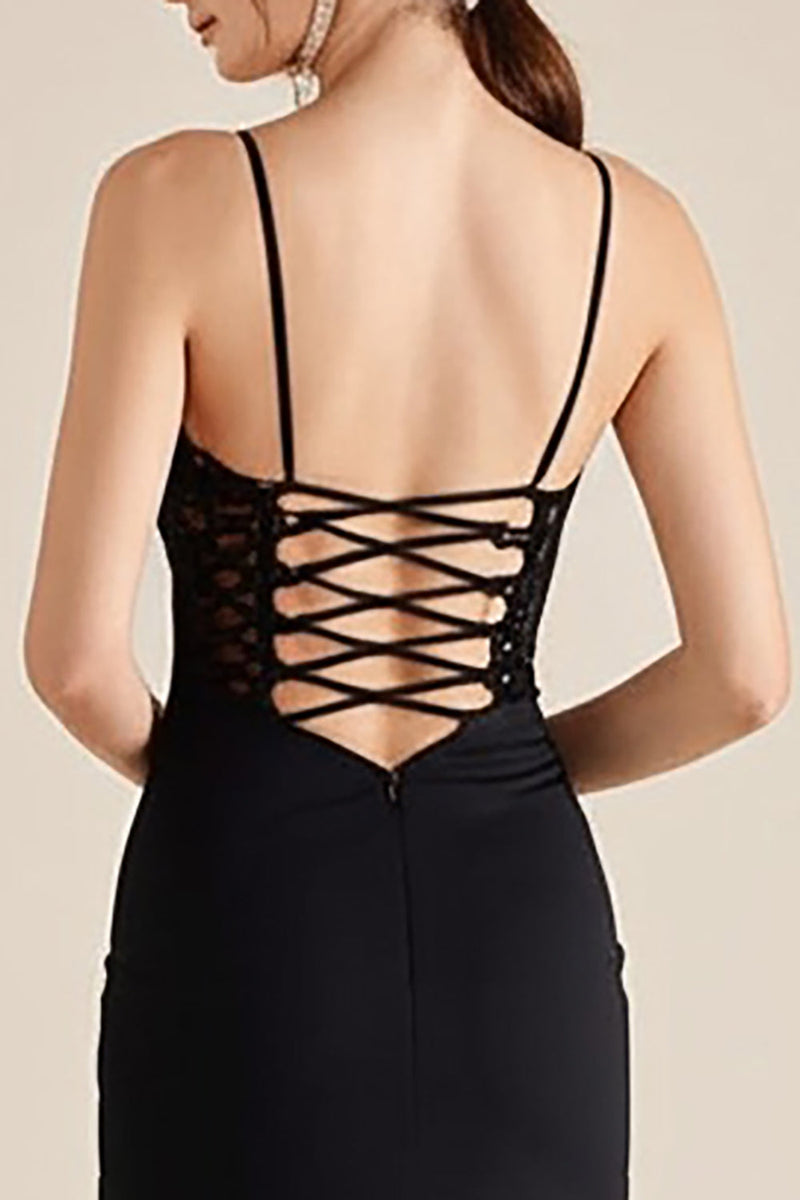 Laden Sie das Bild in den Galerie-Viewer, Schwarz Spaghettiträger Rüschen Sheath Formelle Kleid mit Schlitz