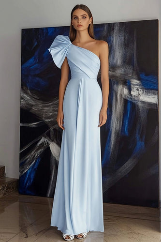 Himmelblau Rüschen Satin Sheath Eine Schulter Formelle Kleid mit Bow
