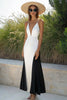 Laden Sie das Bild in den Galerie-Viewer, Weiß und Schwarz Satin Spaghettiträger Boho Maxi Kleid