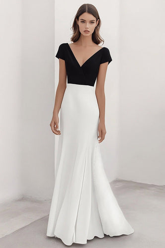 Schwarz und Weiß Sheath V Ausschnitt Satin Lange Formelle Kleid mit Ärmel