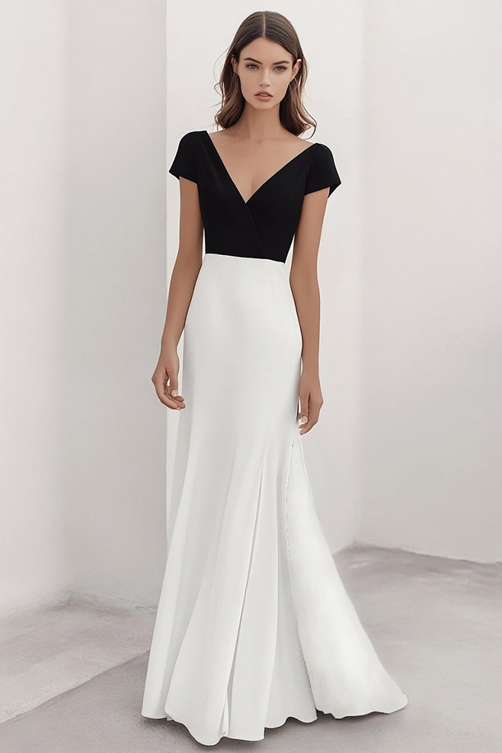 Schwarz und Weiß Sheath V Ausschnitt Satin Lange Formelle Kleid mit Ärmel