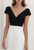 Laden Sie das Bild in den Galerie-Viewer, Schwarz und Weiß Sheath V Ausschnitt Satin Lange Formelle Kleid mit Ärmel