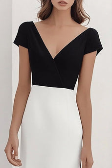 Schwarz und Weiß Sheath V Ausschnitt Satin Lange Formelle Kleid mit Ärmel