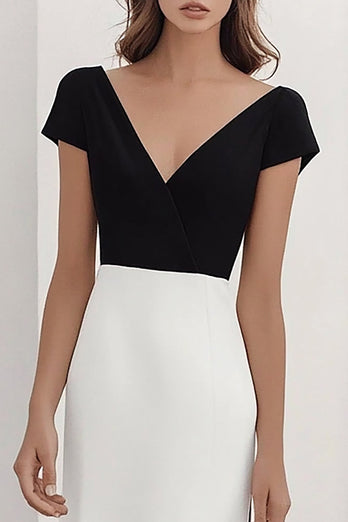 Schwarz und Weiß Sheath V Ausschnitt Satin Lange Formelle Kleid mit Ärmel