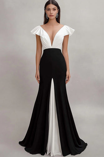 Schwarz und Weiß Sheath V Ausschnitt Ruffled Lange Formelle Kleid