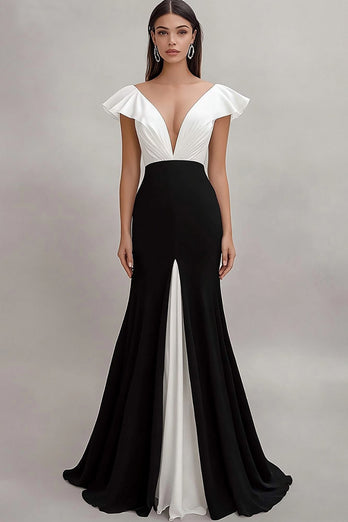 Schwarz und Weiß Sheath V Ausschnitt Ruffled Lange Formelle Kleid