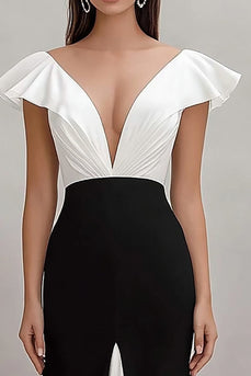 Schwarz und Weiß Sheath V Ausschnitt Ruffled Lange Formelle Kleid