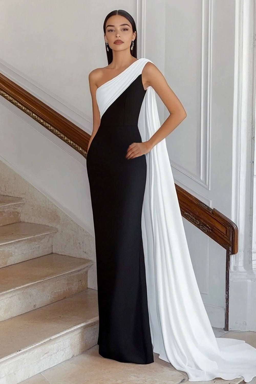 Black and White Sheath Long Satin Formal Dress with Cape One Shoulder Maxi Evening Dress