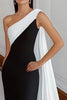 Laden Sie das Bild in den Galerie-Viewer, Schwarz und Weiß Sheath Eine Schulter Lange Satin Formelle Kleid mit Cape