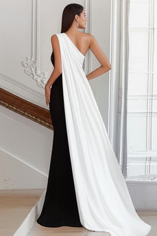 Schwarz und Weiß Sheath Eine Schulter Lange Satin Formelle Kleid mit Cape