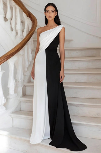Schwarz und Weiß Sheath Rüschen Eine Schulter Lange Formelle Kleid