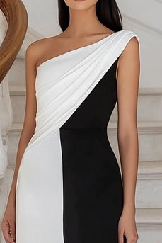 Schwarz und Weiß Sheath Rüschen Eine Schulter Lange Formelle Kleid