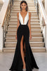 Laden Sie das Bild in den Galerie-Viewer, Black White Satin Sheath Long Formal Dress with Slit Deep V-Neck Sleeveless Evening Dress