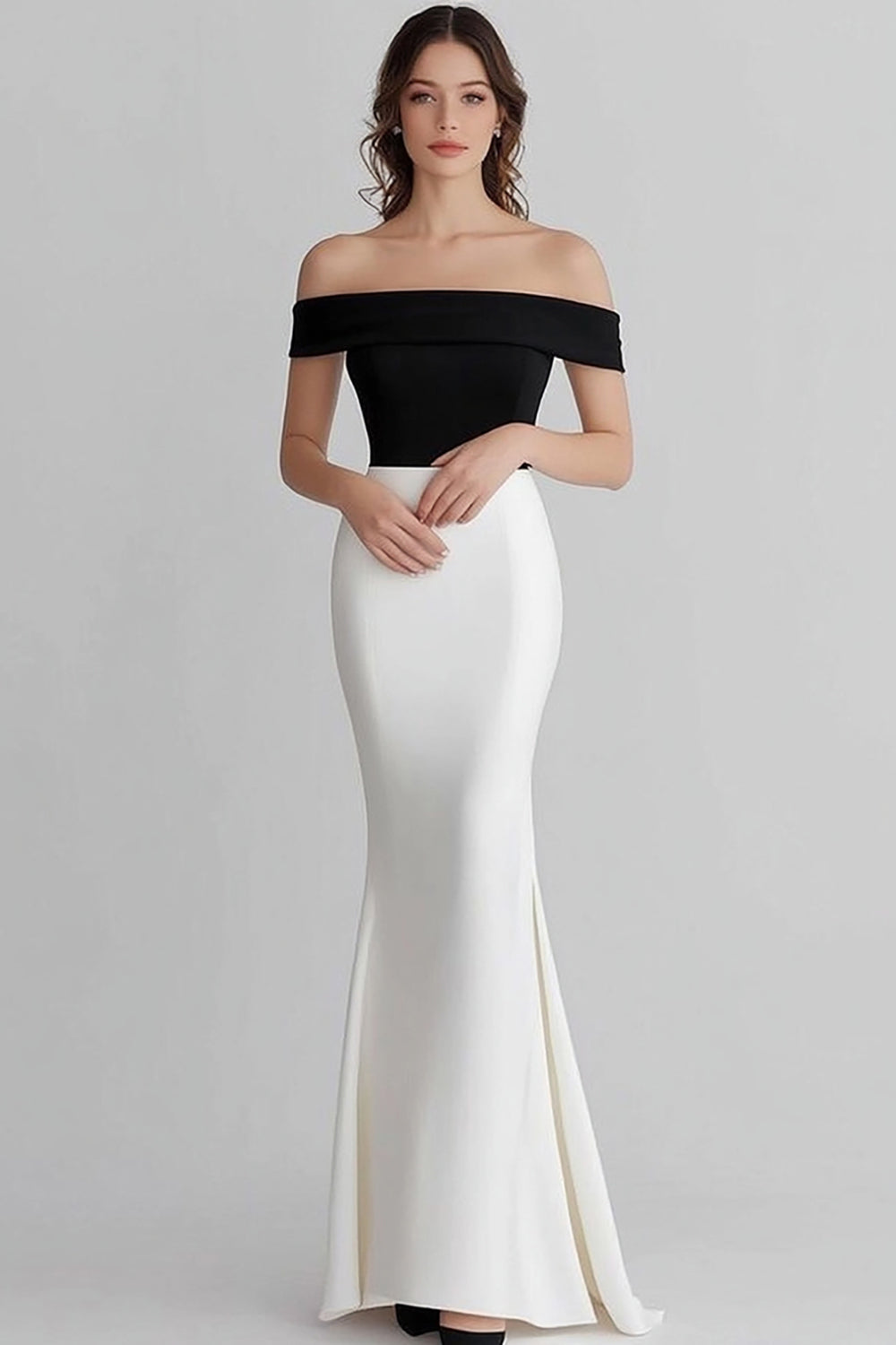 Schwarz und Weiß Schulterfreie Meerjungfrau Satin Lange Formelle Kleid