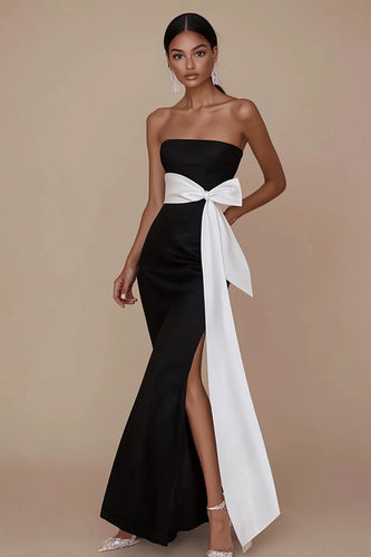 Schwarz und Weiß Sheath Trägerlos Satin Lange Formelle Kleid mit Sash