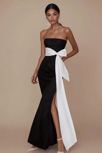 Schwarz und Weiß Sheath Trägerlos Satin Lange Formelle Kleid mit Sash