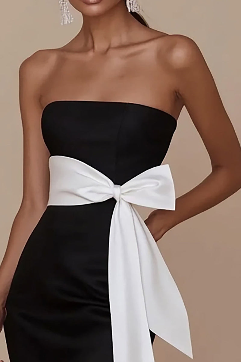 Laden Sie das Bild in den Galerie-Viewer, Schwarz und Weiß Sheath Trägerlos Satin Lange Formelle Kleid mit Sash