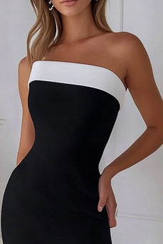 Schwarz und Weiß Sheath Trägerlos Asymmetrical Satin Formelle Kleid mit Rüschen