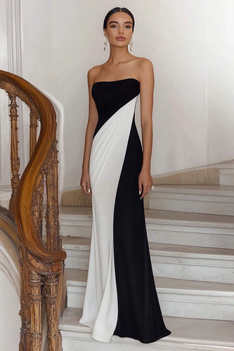 Schwarz und Weiß Etui Trägerlos Rüschen Lange Formelle Kleid