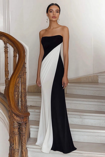 Schwarz und Weiß Etui Trägerlos Rüschen Lange Formelle Kleid