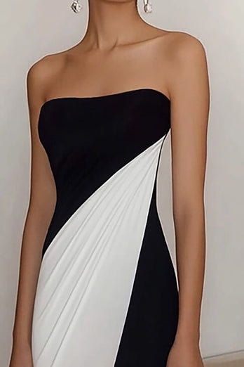 Schwarz und Weiß Etui Trägerlos Rüschen Lange Formelle Kleid