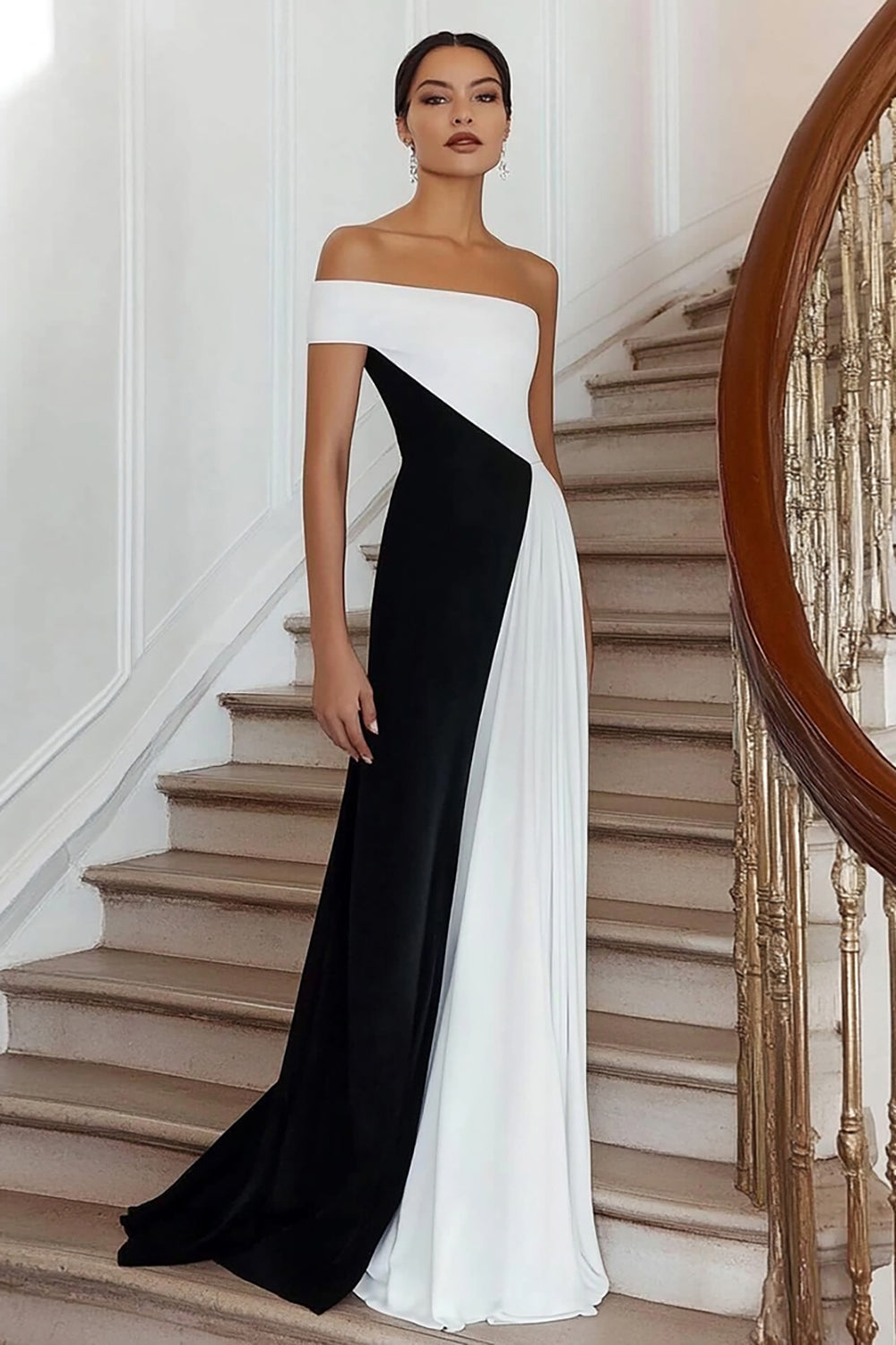 Schwarz und Weiß A Linie Schulterfreie Lange Formelle Kleid