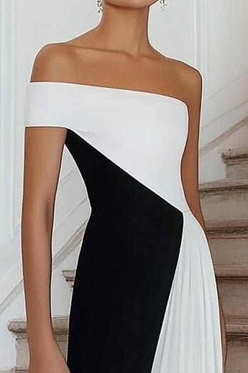Schwarz und Weiß A Linie Schulterfreie Lange Formelle Kleid