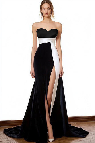 Schwarz und Weiß Satin Herz Ausschnitt Lange Formelle Kleid mit Schlitz