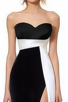 Schwarz und Weiß Satin Herz Ausschnitt Lange Formelle Kleid mit Schlitz