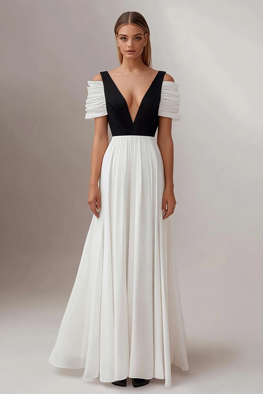Schwarz und Weiß A Linie Tiefer V Ausschnitt Lange Formelle Kleid