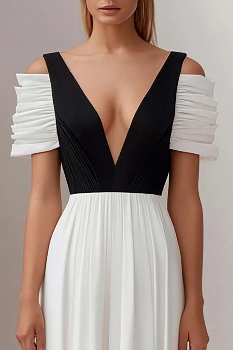Laden Sie das Bild in den Galerie-Viewer, Schwarz und Weiß A Linie Tiefer V Ausschnitt Lange Formelle Kleid